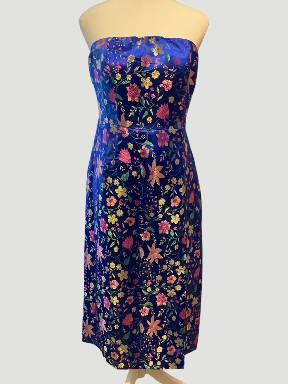 Lulus Strapless Blue Satin Floral Midi Dress With Slit/ NWT/ Size M